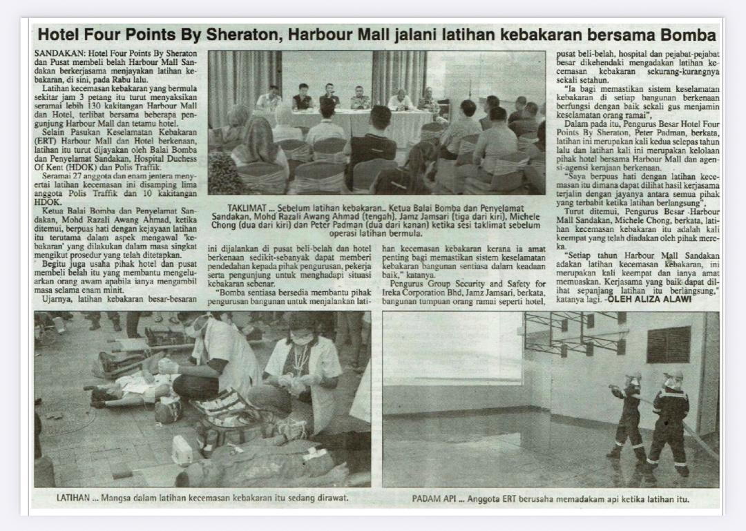 Newspaper article covering the Four Points by Sheraton and Harbour Mall Sandakan fire drill
